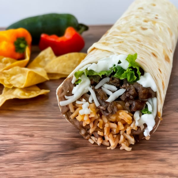 A Crazy King Burrito, filled with meat, rice, beans, cheese, lettuce, and sour cream, on a wooden surface with chips and peppers.