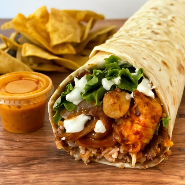 A Crazy King Burrito, cut open to show fillings, with a side of chips and sauce.