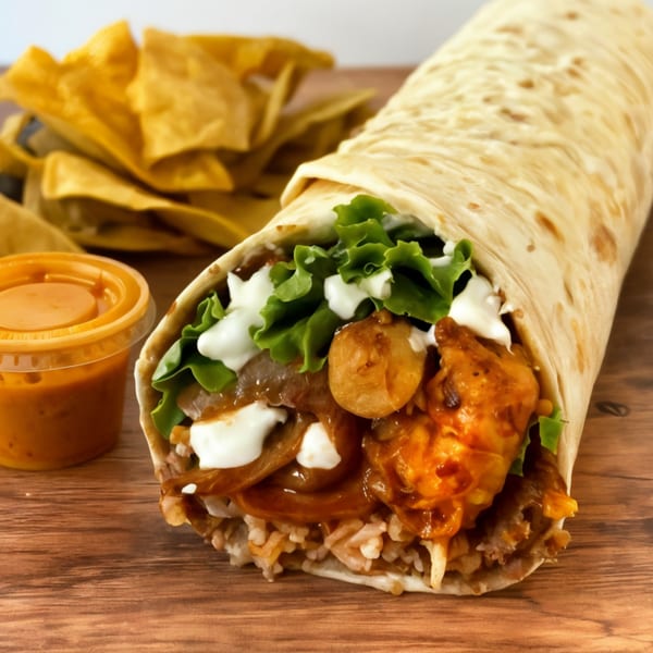 A Crazy King Burrito, filled with meat, rice, lettuce, and sauce, next to tortilla chips and salsa.