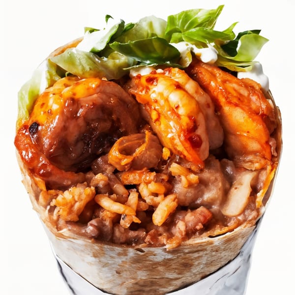 A Crazy King Burrito, filled with shrimp, rice, beans, lettuce, and sour cream, wrapped in foil.