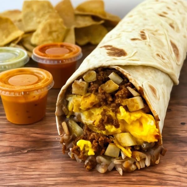 A Crazy King Burrito filled with eggs, chorizo, and potatoes, served with chips and sauces.