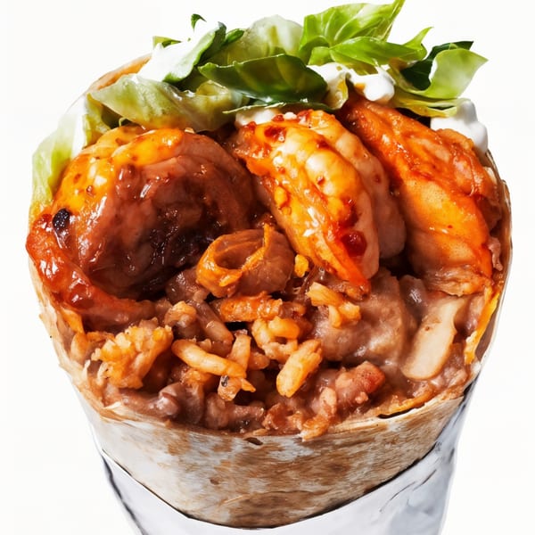 Crazy King Burrito with shrimp, beans, rice, lettuce, and sour cream, wrapped in foil.