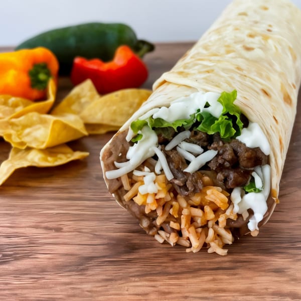 A Crazy King Burrito, filled with meat, rice, beans, cheese, lettuce, and sour cream, on a wooden table.